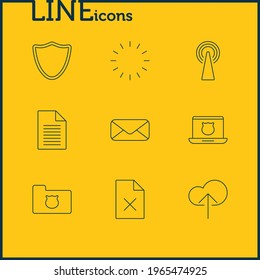 Vector illustration of 9 web icons line style. Editable set of loading, protected folder, mail and other icon elements.