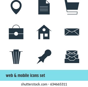 Vector Illustration Of 9 Web Icons. Editable Pack Of Trash, Trolley, Document And Other Elements.