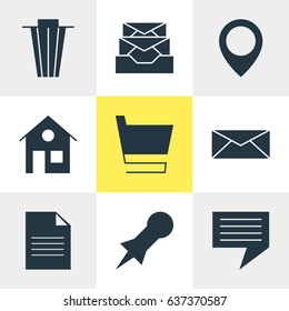 Vector Illustration Of 9 Web Icons. Editable Pack Of Trash, Thumbtack, Trolley And Other Elements.