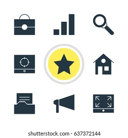 Vector Illustration Of 9 Web Icons. Editable Pack Of Magnifier, Bookmark, Target Scope And Other Elements.