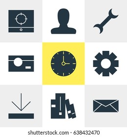 Vector Illustration Of 9 Web Icons. Editable Pack Of Gear, Bookshelf, Letter And Other Elements.