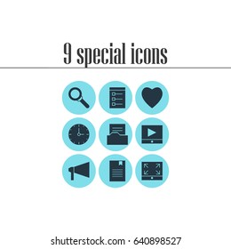 Vector Illustration Of 9 Web Icons. Editable Pack Of Love, Clock, Board And Other Elements.