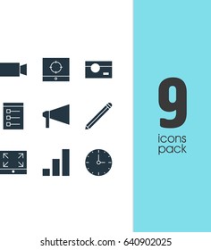 Vector Illustration Of 9 Web Icons. Editable Pack Of Maximize, Clock, Target Scope And Other Elements.