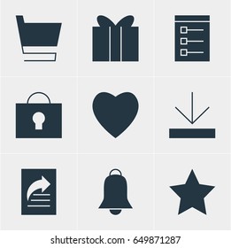 Vector Illustration Of 9 Web Icons. Editable Pack Of Trolley, Board, Gift And Other Elements.