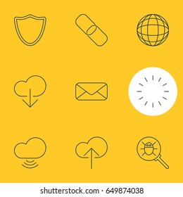 Vector Illustration Of 9 Web Icons. Editable Pack Of Letter, Wave, Bug And Other Elements.