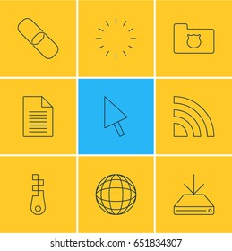 Vector Illustration Of 9 Web Icons. Editable Pack Of World, Note, Wireless Network And Other Elements.