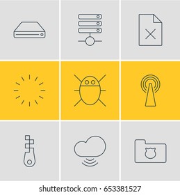 Vector Illustration Of 9 Web Icons. Editable Pack Of Hard Drive Disk, Router, Wave And Other Elements.