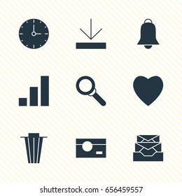 Vector Illustration Of 9 Web Icons. Editable Pack Of Magnifier, Increase Chart, download And Other Elements.