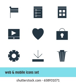Vector Illustration Of 9 Web Icons. Editable Pack Of Map Marker, Gear, Trash And Other Elements.