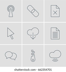 Vector Illustration Of 9 Web Icons. Editable Pack Of Data Upload, Fastener, Chain And Other Elements.