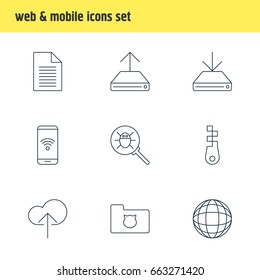 Vector Illustration Of 9 Web Icons. Editable Pack Of Hdd Sync, Fastener, Telephone And Other Elements.