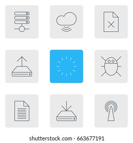 Vector Illustration Of 9 Web Icons. Editable Pack Of Hdd Sync, Router, Computer Virus And Other Elements.