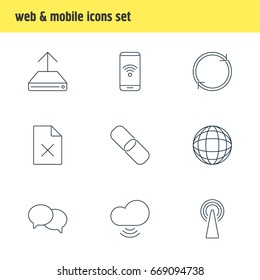 Vector Illustration Of 9 Web Icons. Editable Pack Of Router, Refresh, Wave And Other Elements.