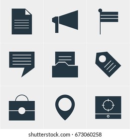 Vector Illustration Of 9 Web Icons. Editable Pack Of Target Scope, Document Directory, Bullhorn And Other Elements.