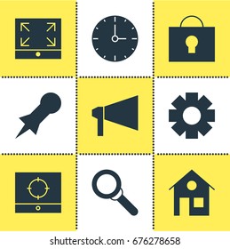 Vector Illustration Of 9 Web Icons. Editable Pack Of Target Scope, Clock, Gear And Other Elements.