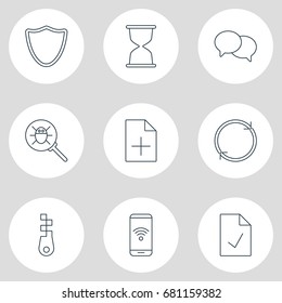 Vector Illustration Of 9 Web Icons. Editable Pack Of Sandglass, Checked Note, Refresh Elements.