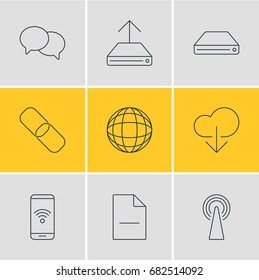 Vector Illustration Of 9 Web Icons. Editable Pack Of Hard Drive Disk, Chain, Removing File And Other Elements.