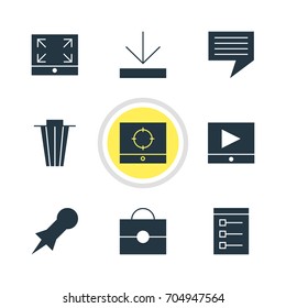 Vector Illustration Of 9 Web Icons. Editable Pack Of Thumbtack, Target Scope, Play Button And Other Elements.