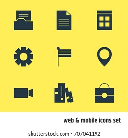 Vector Illustration Of 9 Web Icons. Editable Pack Of Date Time, Bookshelf, Document Directory And Other Elements.