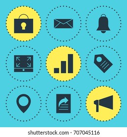 Vector Illustration Of 9 Web Icons. Editable Pack Of Notification, Maximize, Increase Chart And Other Elements.