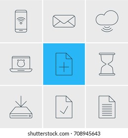 Vector Illustration Of 9 Web Icons. Editable Pack Of Checked Note, Document Adding, Letter And Other Elements.