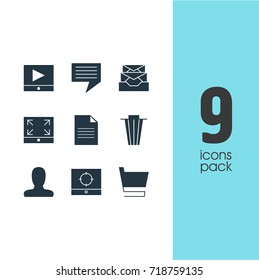 Vector Illustration Of 9 Web Icons. Editable Pack Of Trash, Target Scope, Play Button And Other Elements.