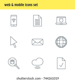 Vector Illustration Of 9 Web Icons. Editable Pack Of Checked Note, Telephone, Pointer And Other Elements.