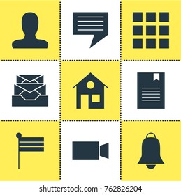 Vector Illustration Of 9 Web Icons. Editable Set Of House, Bookmark, Notification And Other Elements.