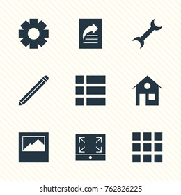 Vector Illustration Of 9 Web Icons. Editable Set Of Maximize, Settings, Landscape Photo Elements.