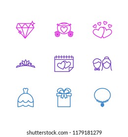 Vector illustration of 9 wedding icons line style. Editable set of bride dress, crown, brougham and other icon elements.