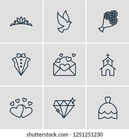Vector illustration of 9 wedding icons line style. Editable set of dove, groom suit, church and other icon elements.