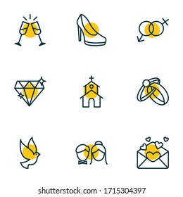 Vector illustration of 9 wedding icons line style. Editable set of rings, just married, gender signs and other icon elements.