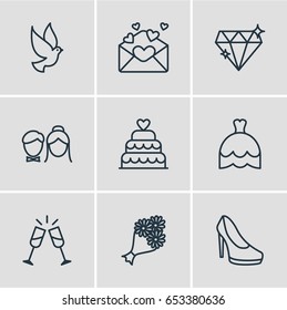 Vector Illustration Of 9 Wedding Icons. Editable Pack Of Couple, Bridal Bouquet, Wineglass And Other Elements.