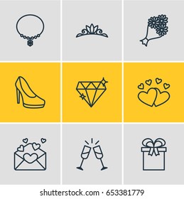 Vector Illustration Of 9 Wedding Icons. Editable Pack Of Wineglass, Accessories, Card And Other Elements.