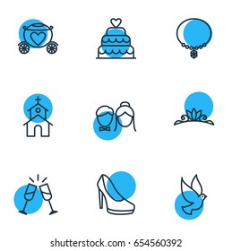 Vector Illustration Of 9 Wedding Icons. Editable Pack Of Chariot, Building, Pigeon And Other Elements.