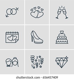 Vector Illustration Of 9 Wedding Icons. Editable Pack Of Sexuality Symbol, Wineglass, Brilliant And Other Elements.