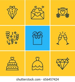 Vector Illustration Of 9 Wedding Icons. Editable Pack Of Brilliant, Decoration, Wedding Gown And Other Elements.