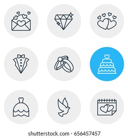 Vector Illustration Of 9 Wedding Icons. Editable Pack Of Love, Engagement, Wedding Gown And Other Elements.