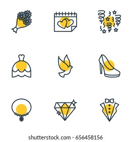 Vector Illustration Of 9 Wedding Icons. Editable Pack Of Sandal, Bridal Bouquet, Pigeon Elements.