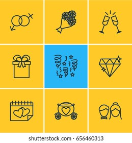 Vector Illustration Of 9 Wedding Icons. Editable Pack Of Bridal Bouquet, Brilliant, Decoration And Other Elements.