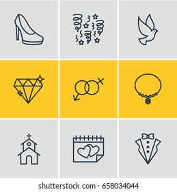 Vector Illustration Of 9 Wedding Icons. Editable Pack Of Sexuality Symbol, Decoration, Calendar And Other Elements.