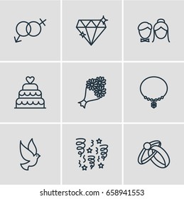 Vector Illustration Of 9 Wedding Icons. Editable Pack Of Engagement, Pigeon, Decoration And Other Elements.