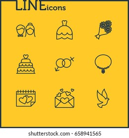 Vector Illustration Of 9 Wedding Icons. Editable Pack Of Couple, Bridal Bouquet, Card And Other Elements.