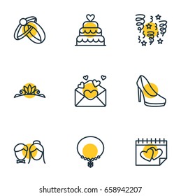 Vector Illustration Of 9 Wedding Icons. Editable Pack Of Couple, Calendar, Decoration And Other Elements.