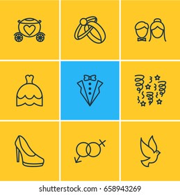 Vector Illustration Of 9 Wedding Icons. Editable Pack Of Sandal, Couple, Bridegroom Dress Elements.