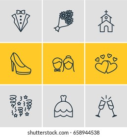 Vector Illustration Of 9 Wedding Icons. Editable Pack Of Bridal Bouquet, Love, Bridegroom Dress And Other Elements.