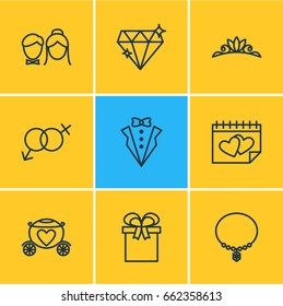 Vector Illustration Of 9 Wedding Icons. Editable Pack Of Chariot, Present, Sexuality Symbol And Other Elements.