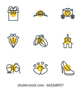 Vector Illustration Of 9 Wedding Icons. Editable Pack Of Bridegroom Dress, Love, Present And Other Elements.