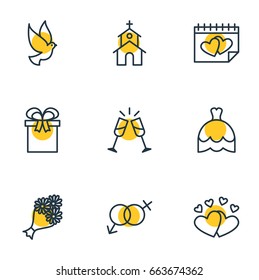 Vector Illustration Of 9 Wedding Icons. Editable Pack Of Building, Present, Pigeon And Other Elements.