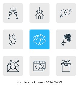Vector Illustration Of 9 Wedding Icons. Editable Pack Of Calendar, Love, Sexuality Symbol And Other Elements.